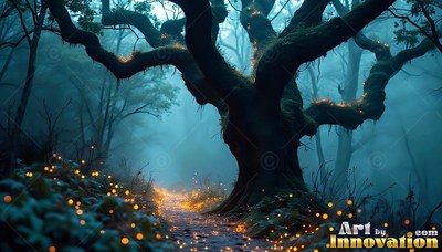 In a misty teal woods, an old gnarled tree stands by a trail of yellow lights