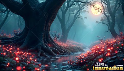 Spreading thick roots beside a stream, an old tree stands near red mushrooms under the moon