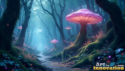 Pink mushrooms by a stream in a dark misty forest