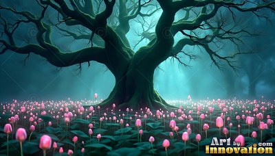 Twisting bare branches crown an ancient tree rising from a field of pink flowers in blue mist