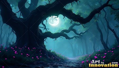 A gnarled tree reaches over a dense forest path lit by a round moon in teal fog