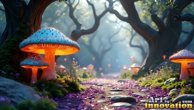 Standing upright in a misty forest, blue mushrooms shine with warm orange light