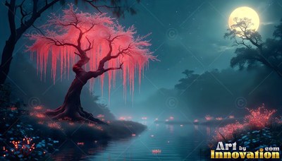 A pink blossom tree stands beside a misty river under a bright round moon