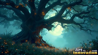 In a foggy blue forest, a crooked old tree stands before a bright moon