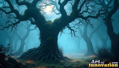 Spreading gnarled roots, an old mossy tree stands in teal mist under a full moon