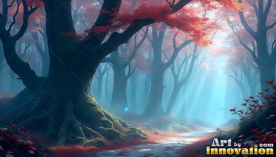 A mossy tree with red leaves beside a foggy blue forest path