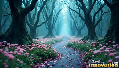 Twisted mossy roots spread from dark trees beside a path with pink flowers in blue fog