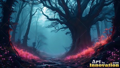 A wide tree spreads over a forest path lined with bright pink shrubs under teal mist