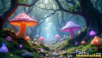 Bright pink and purple mushrooms line a rocky forest path under trees