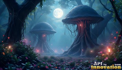 In a misty forest under a shining full moon, two mushroom-shaped tree houses stand