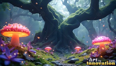 Spreading over a path, an old mossy tree sits behind bright pink mushrooms