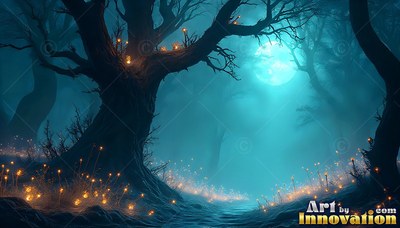 Gnarled dark trees and small lights in blue mist by a moon
