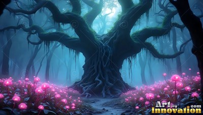 Twisted roots spread from an ancient tree into a field of pink flowers in blue fog