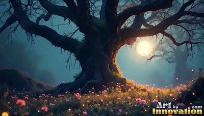 A twisted tree spreads its branches over pink flowers in bright yellow moonlight