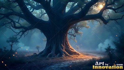 Spreading wide branches in a blue misty forest, an old oak stands beside a path
