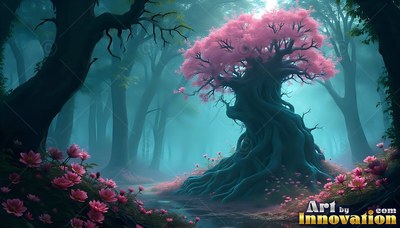 A twisted tree with pink blossoms stands in a teal foggy forest