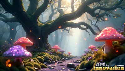 In a misty forest, pink and purple mushrooms line a mossy path beneath a twisted tree