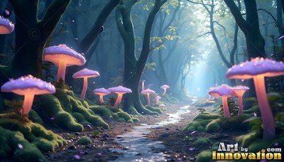 Shining along a shadowy forest trail, giant pink mushrooms light up mossy ground