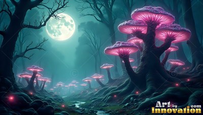 Pink giant mushrooms growing in a shadowy forest under a bright moon