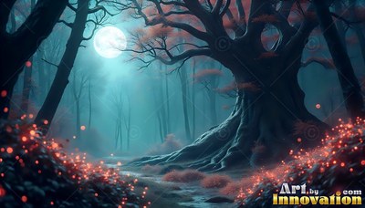 Twisted roots spread from a large tree in a foggy blue forest lit by a moon