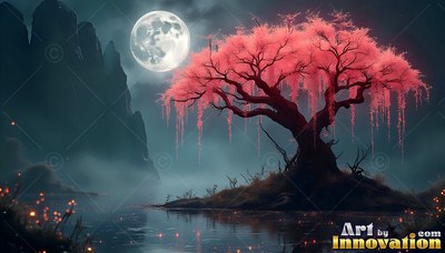 A pink blossom tree stands on an island under a bright moon in the dark night sky