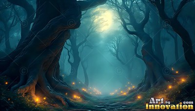 Twisting upward along a misty path, dark teal trees frame the round moon