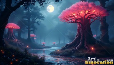 Pink mushroom-shaped trees sit beside a misty river under a bright moon