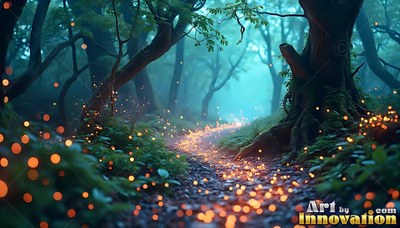 In a misty teal forest, bright orange specks of light cover a dirt path