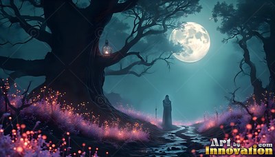 Standing on a forest path, a hooded figure faces a round moon beside pink bushes