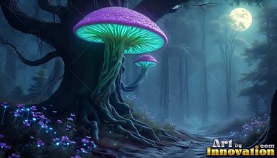 Large purple mushroom tree beside a forest path under the bright moon