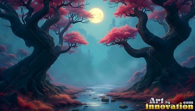 Pink leaves top two twisted trees beside a stream under a bright full moon