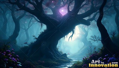 A gnarled old tree twists beside a small stream under pale teal and purple light
