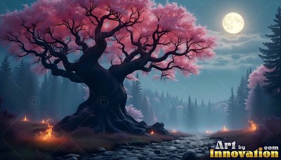 Spreading wide across a foggy forest, a gnarled pink tree stands under a round moon