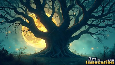 An old twisted tree stands before a large yellow moon in a foggy teal forest