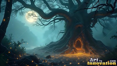 In a misty blue forest at night, a gnarled tree has a warm yellow doorway in its trunk