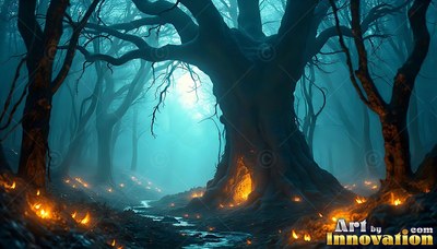 Standing in teal mist, an old twisted tree shines warm orange from its hollow base