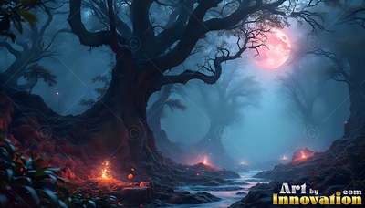 Old gnarled trees along a dark creek under a pink full moon