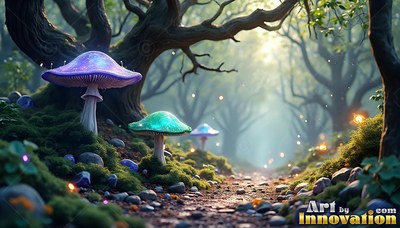 A wide purple mushroom cap on mossy ground by a path under gnarled forest trees