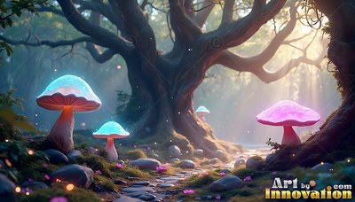 Large mushrooms sprout along a stone path under a gnarled tree in soft pink light