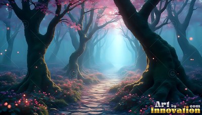 Curving inward, thick dark trees frame a stone path in blue fog under pink blossoms
