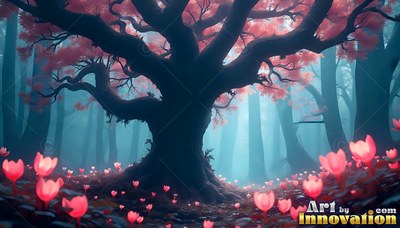 A wide tree with pink leaves stands in a foggy blue woods above small pink flowers