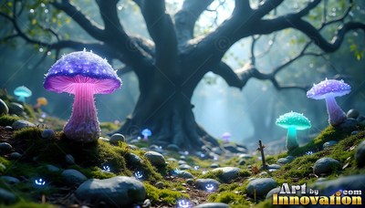 In a dim forest, purple and blue mushrooms sprout near a wide tree