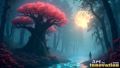 Spreading pink leaves under a round moon, a large tree shades a misty blue stream