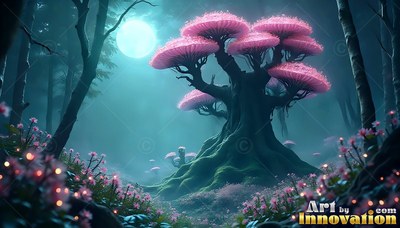 Pink mushroom tree in a dim forest under a full moon