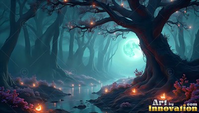 Thick twisted roots spread from an old tree beside a calm stream under a full moon in teal fog