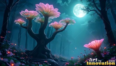 A tree with pink blossom cups stands in a teal forest under a bright shining full moon