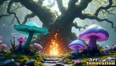 Standing low beside teal and purple mushrooms on a mossy forest path