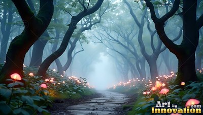 A dirt path cuts through a foggy blue forest lined with bright pink mushrooms