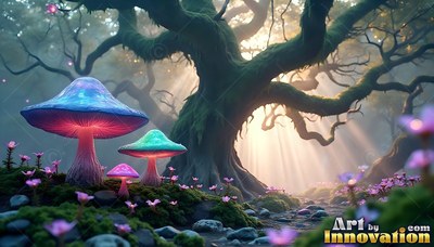 In a sunlit forest, bright blue and pink mushrooms sit by an old tree