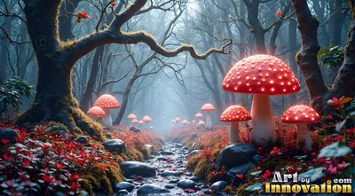 Growing along a rocky stream, red mushrooms light up a dark, foggy forest path